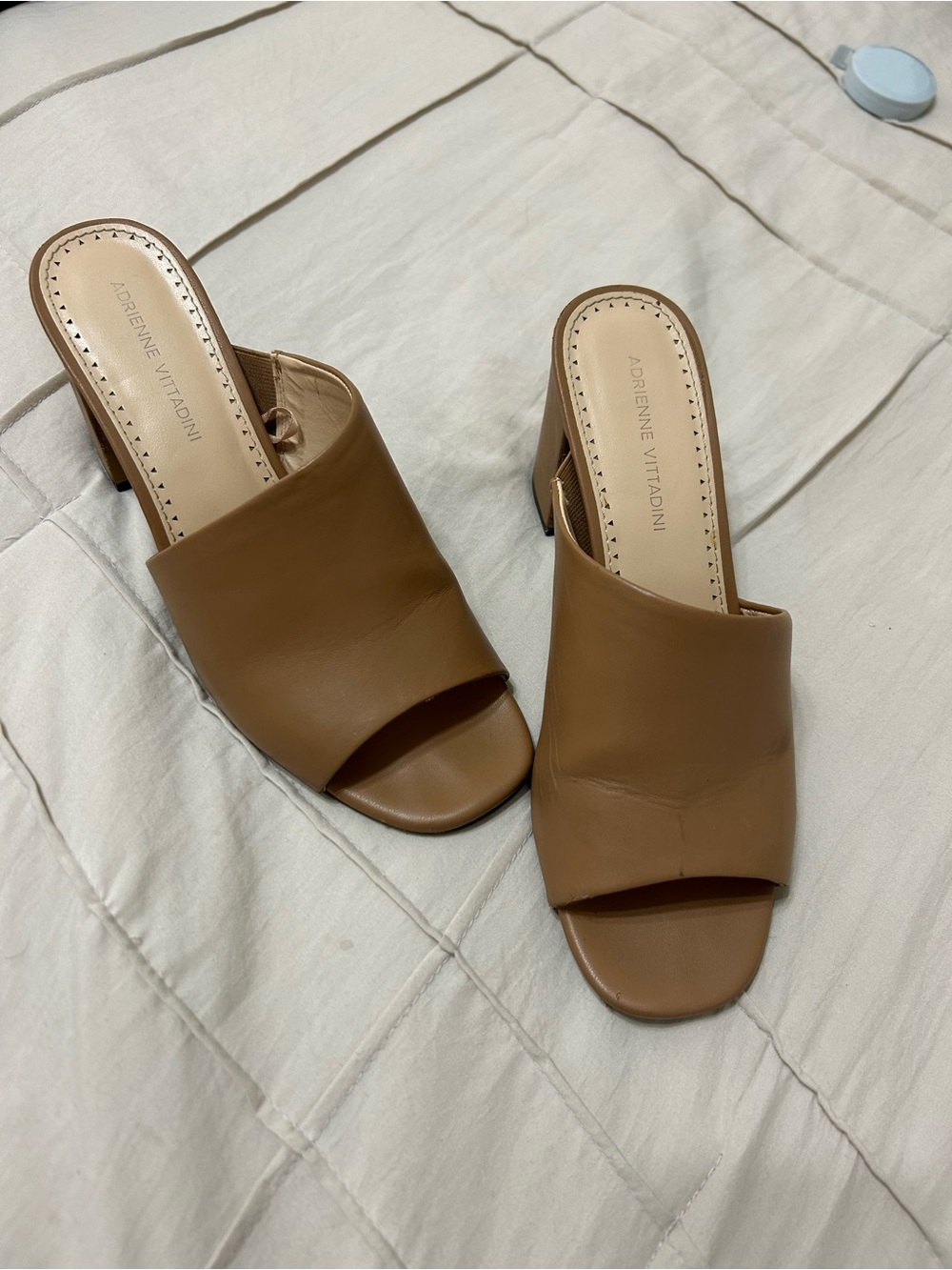 Adrienne Vittadini - Cognac Brown Leather Open-Toe Mule Heels